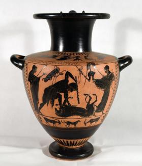 Black Figure Hydria depicting Herakles and the Nemean Lion