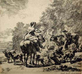 Landscape with Woman on Horseback and a Shepherdess Milking a Goat