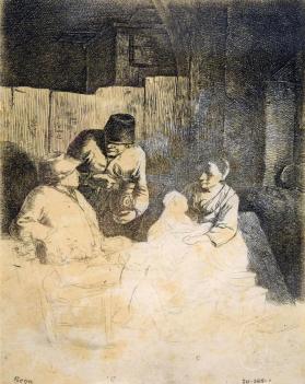 Two Men with Woman and Child in an Inn