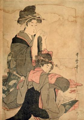 Woman Threading Needle and Girl Playing Music