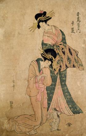 Two Courtesans Playing with a Cat