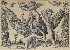 Three Putti Playing With an Ostrich